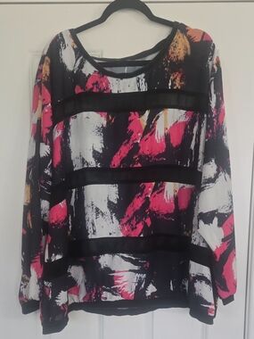 City Chic Abstract Brushstroke Blouse in Pink, Black & White